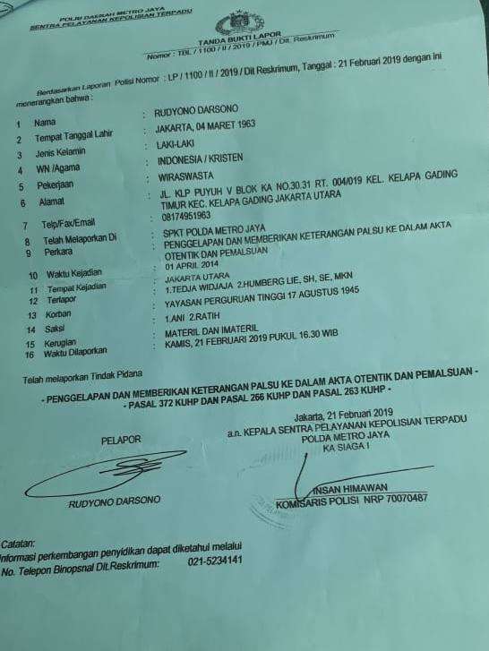 Belum Selesai Perkaranya Di PN Jakarta Utara,Tedja Widjaja Dilaporkan Kembali Ke Polda Metro Jaya
